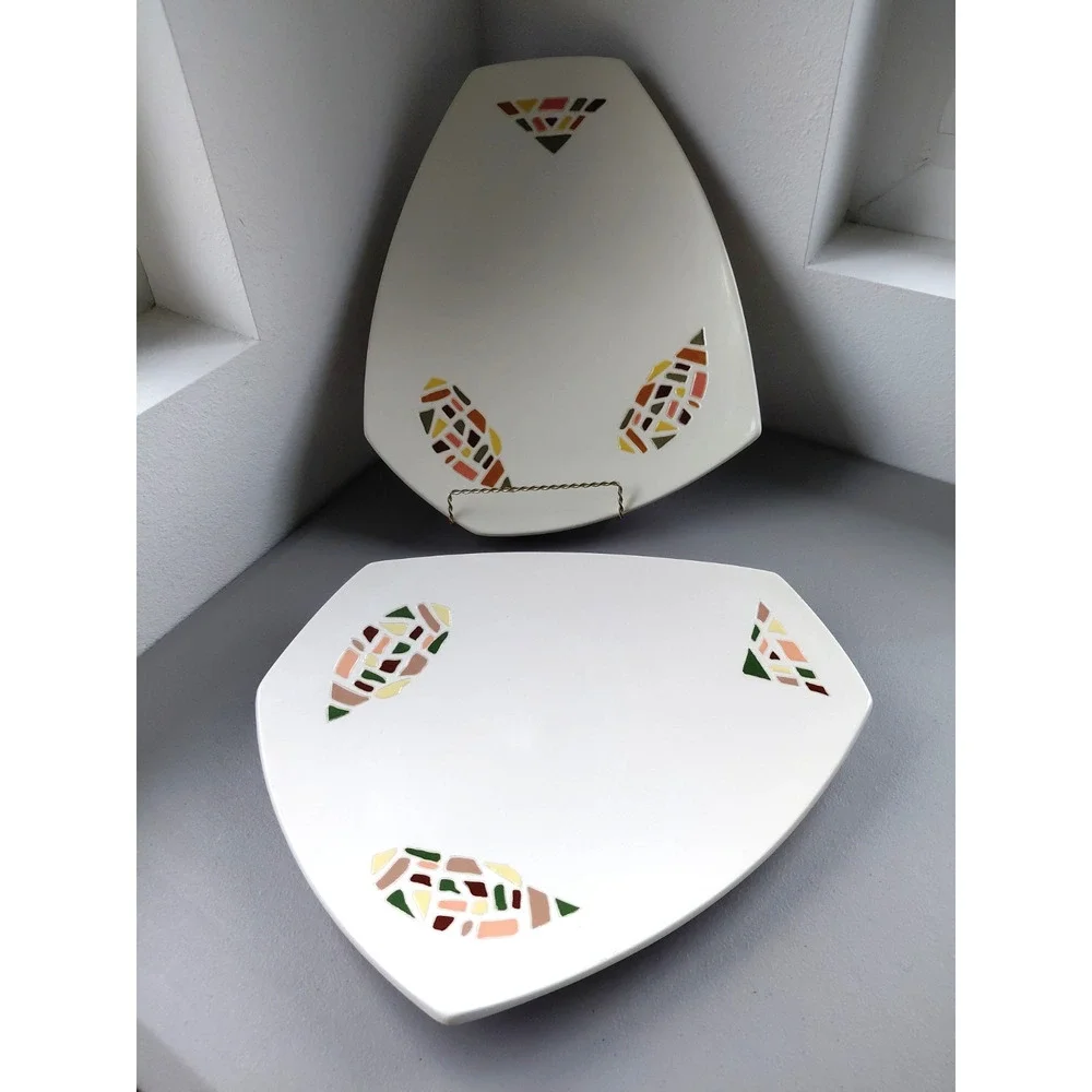 1960's Triangular Serving Platter Mid-century Modern Set of 2 Cream Groovey VTG